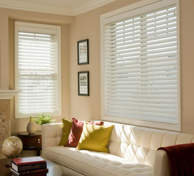 Home Decorators Collection White Cordless Room Darkening 2 in. Faux wood blinds